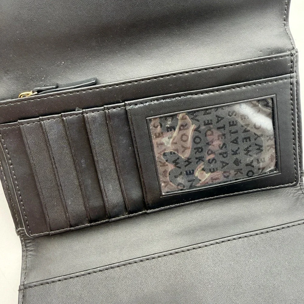 Kate Spade New York Black Pebbled Leather Flap Continental Long Wallet Gold Logo